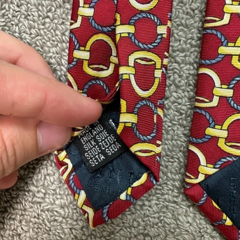 Thomas Pink London Mens Silk Tie Red Gold Navy Blue Equestrian Link England